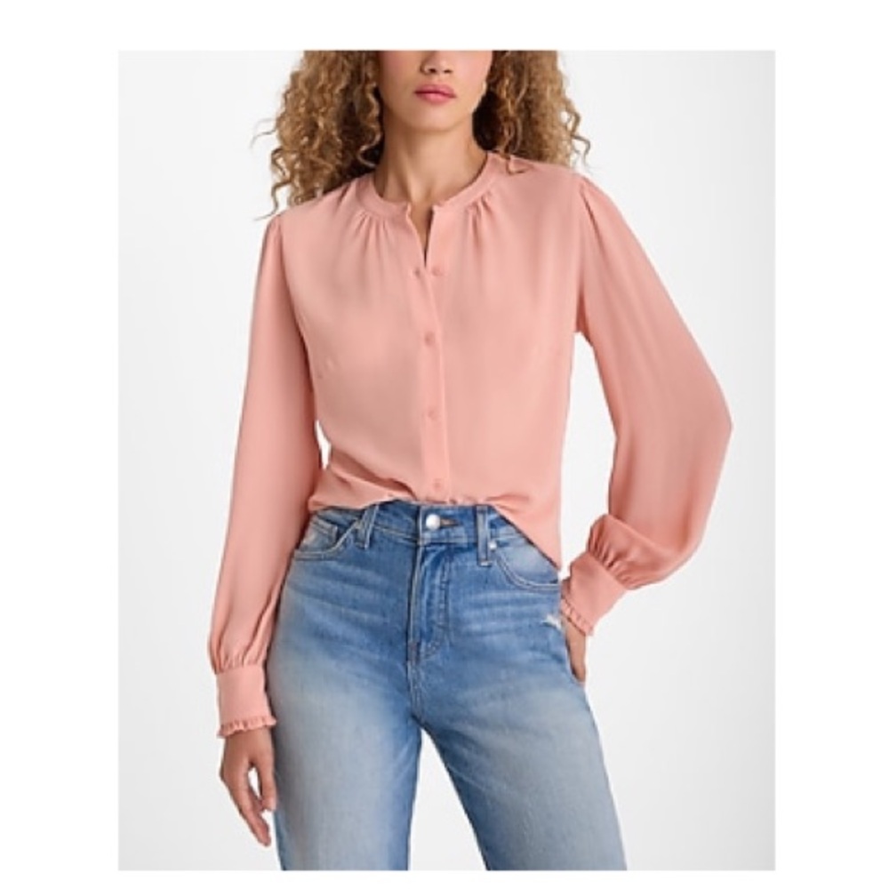 Express- Gathered Neck Ruffle Cuff Portofino Shirt